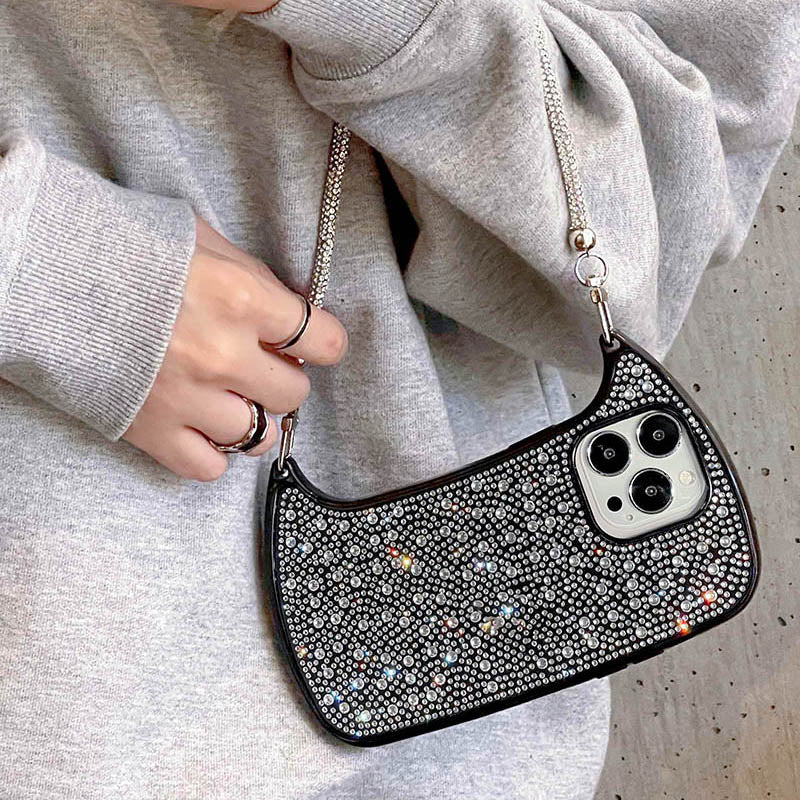 Premium handbag inspired iPhone Case with rhinestones and lanyard