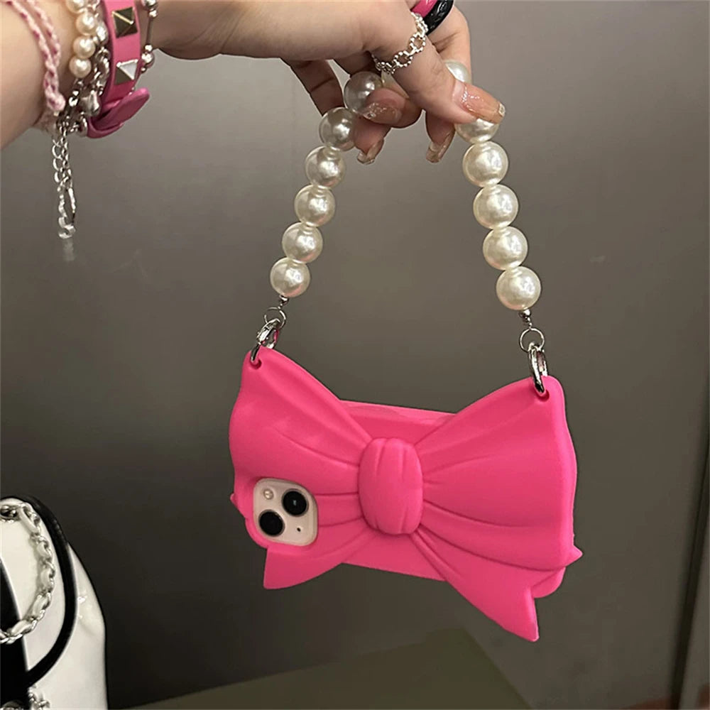 Pink Bowknot Handbag Silicone Phone Case