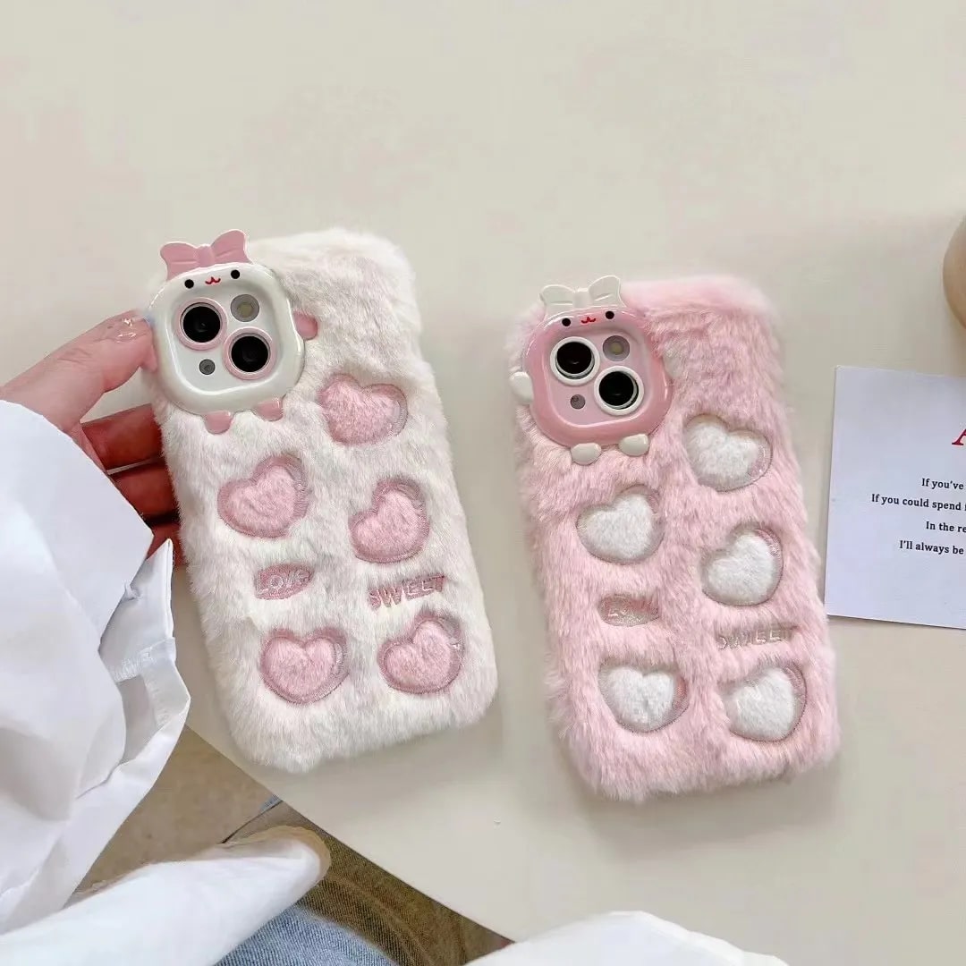 Cute Fur iPhone Case with Fluffy Hearts