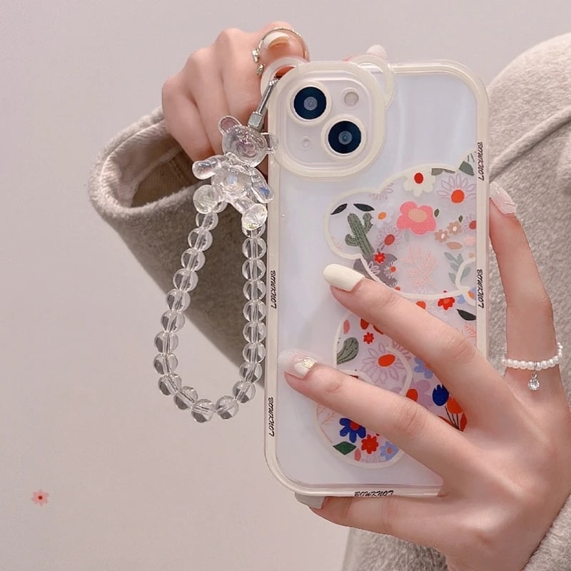 3D Rainbow Bear Ear Flower Transparent Silicone Case with crystal hanging chain for iphone