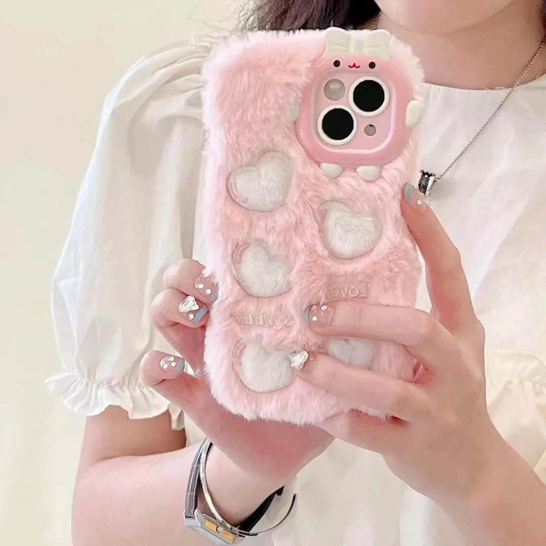 Cute Fur iPhone Case with Fluffy Hearts