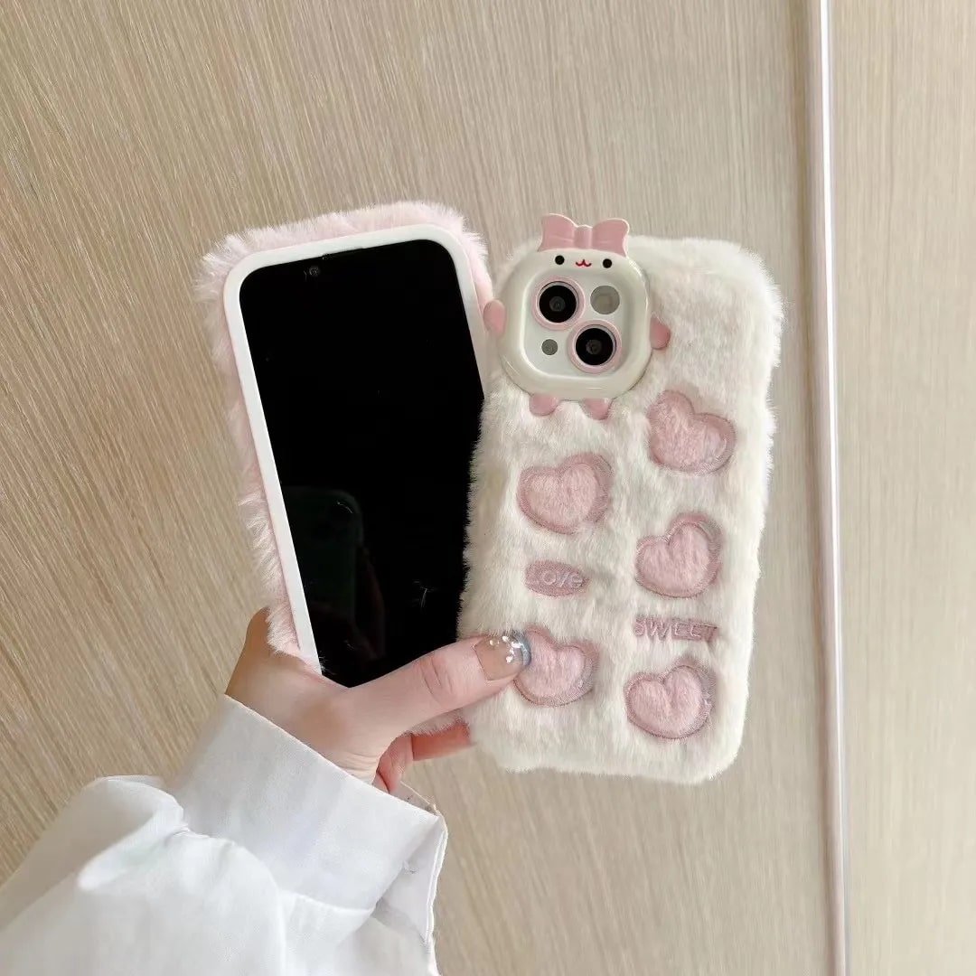 Cute Fur iPhone Case with Fluffy Hearts