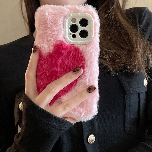 Luxury Plush Korea Love Heart Furry Pink Phone Case