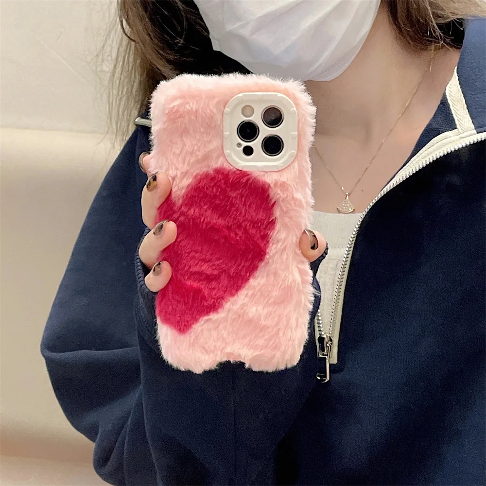 Luxury Plush Korea Love Heart Furry Pink Phone Case