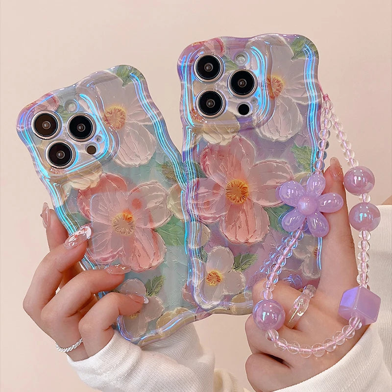 Flower pattern Soft silicone phone case With chain