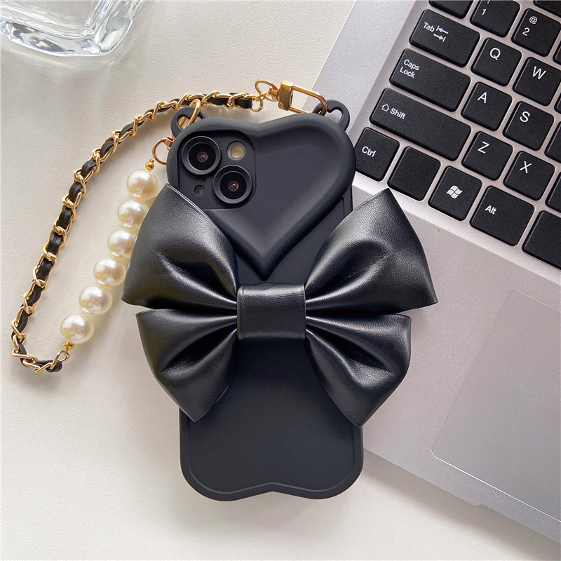 Luxury Heart & Leather Bow Bracelet Chain Phone Case