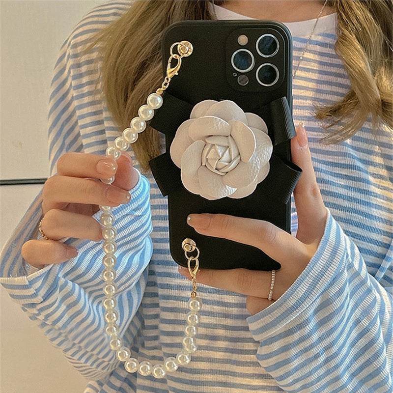 Soft Leather Pearl Wrist Chain Bracelet iPhone Cover