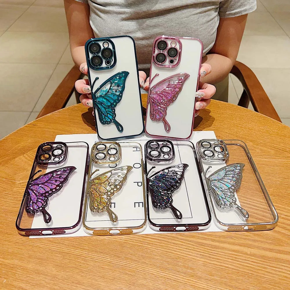 Shiny Glitter Quicksand Butterfly Clear Silicone Phone Case For iPhone