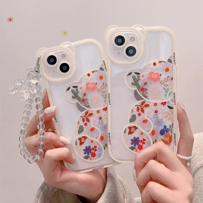 3D Rainbow Bear Ear Flower Transparent Silicone Case with crystal hanging chain for iphone