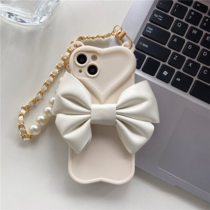 Luxury Heart & Leather Bow Bracelet Chain Phone Case